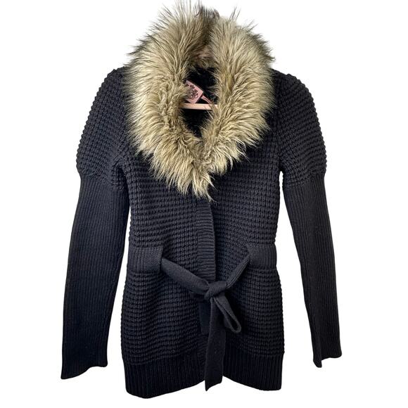 Sm Juicy Couture Vintage Y2K Black Lambswool Cardigan Sweater Faux Fur Collar - Picture 1 of 8